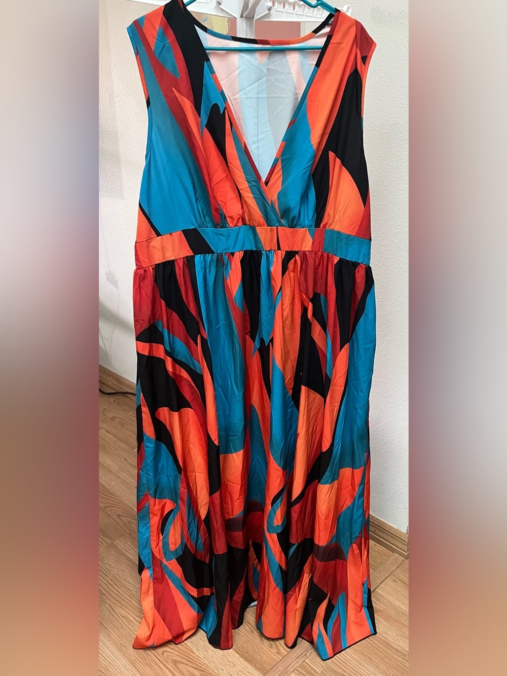 SHEIN Blue & Orange Abstract V-Neck Maxi Dress